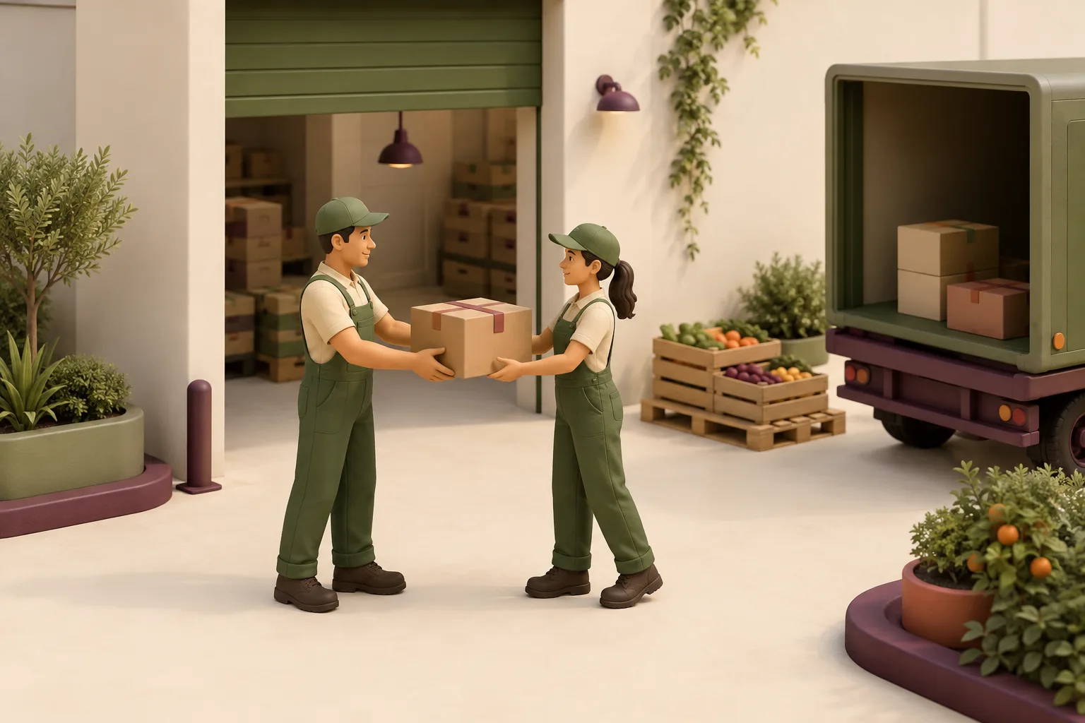 Illustration of two Rozy workers handing over a food shipment